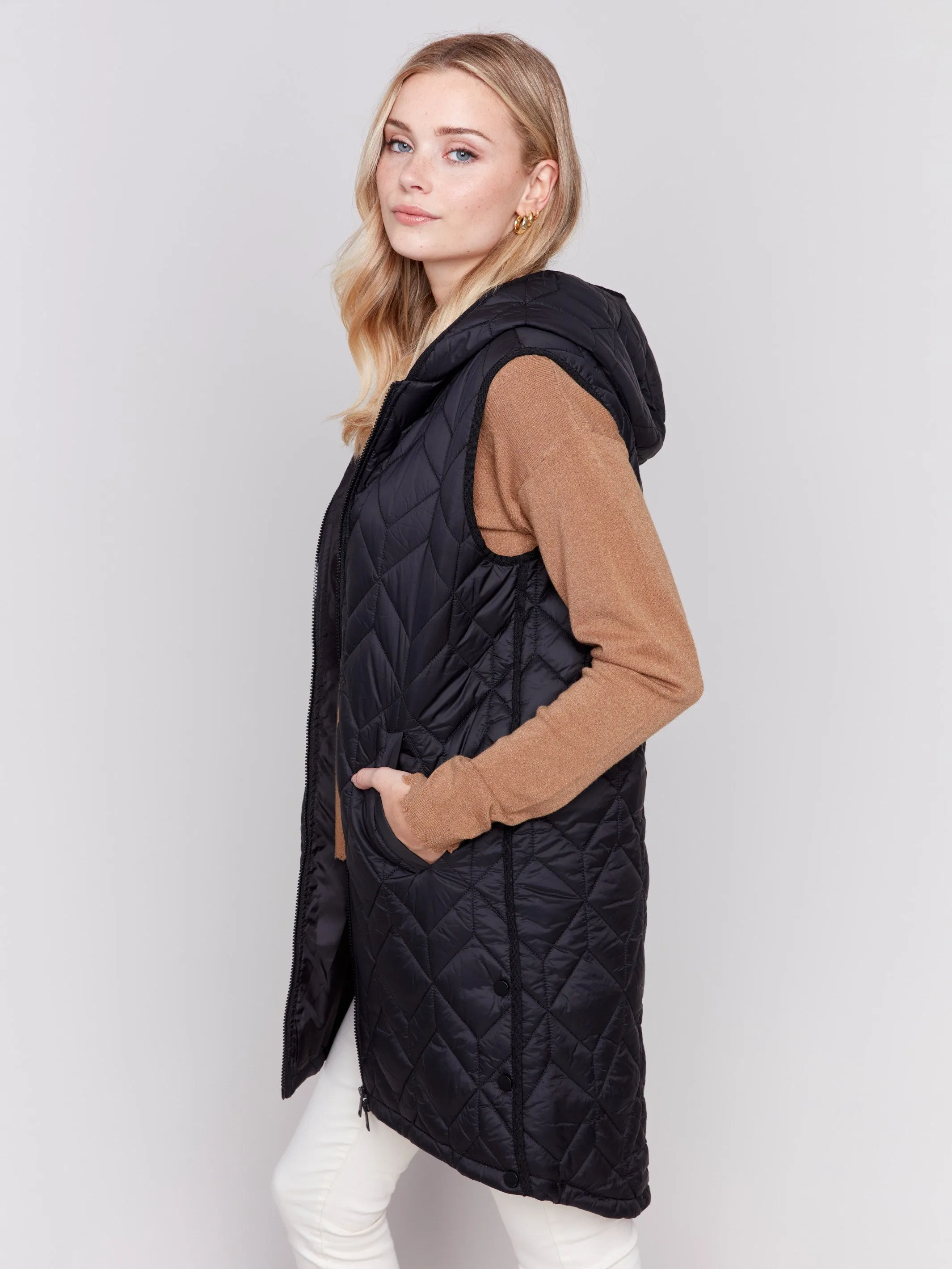 Long Quilted Puffer Vest with Hood - Black