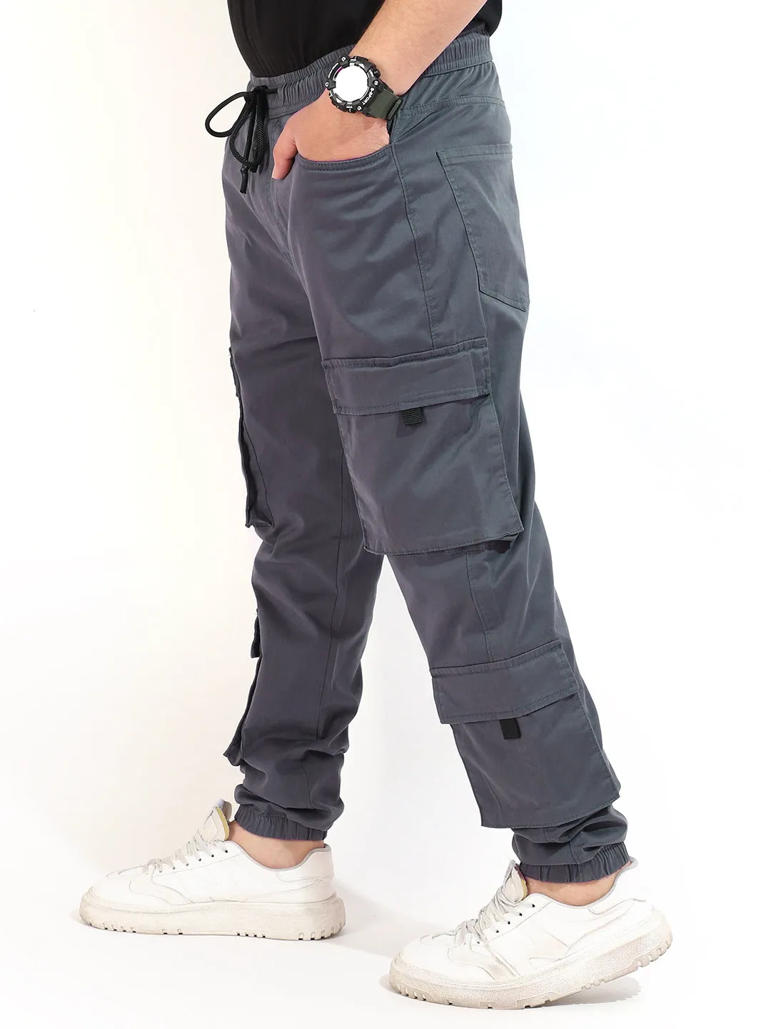 Medium Grey Cotton Twill Baggy Fit 8 Pocket Cotton Cargo