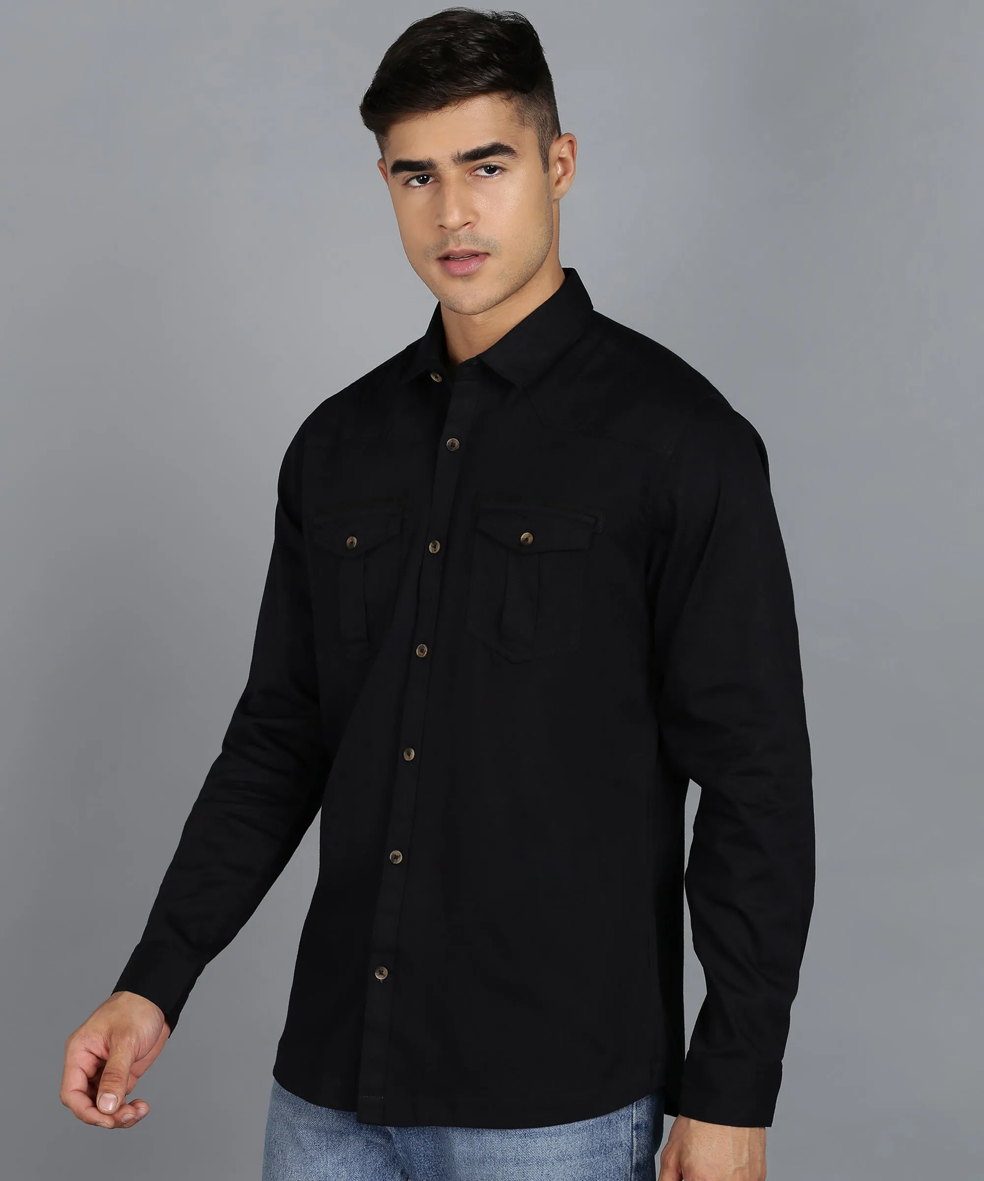 Men's Black Cotton Full Sleeve Slim Fit Casual Solid Shirt