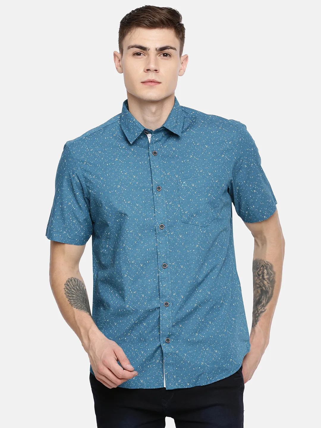 MEN'S BLUE ABSTRACT PRINT SLIM FIT SHIRT