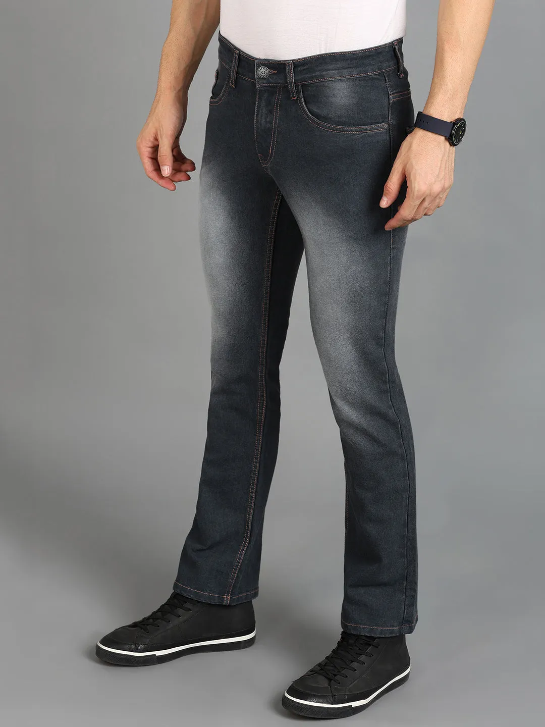 Men's Dark Grey Washed Bootcut Jeans Stretchable