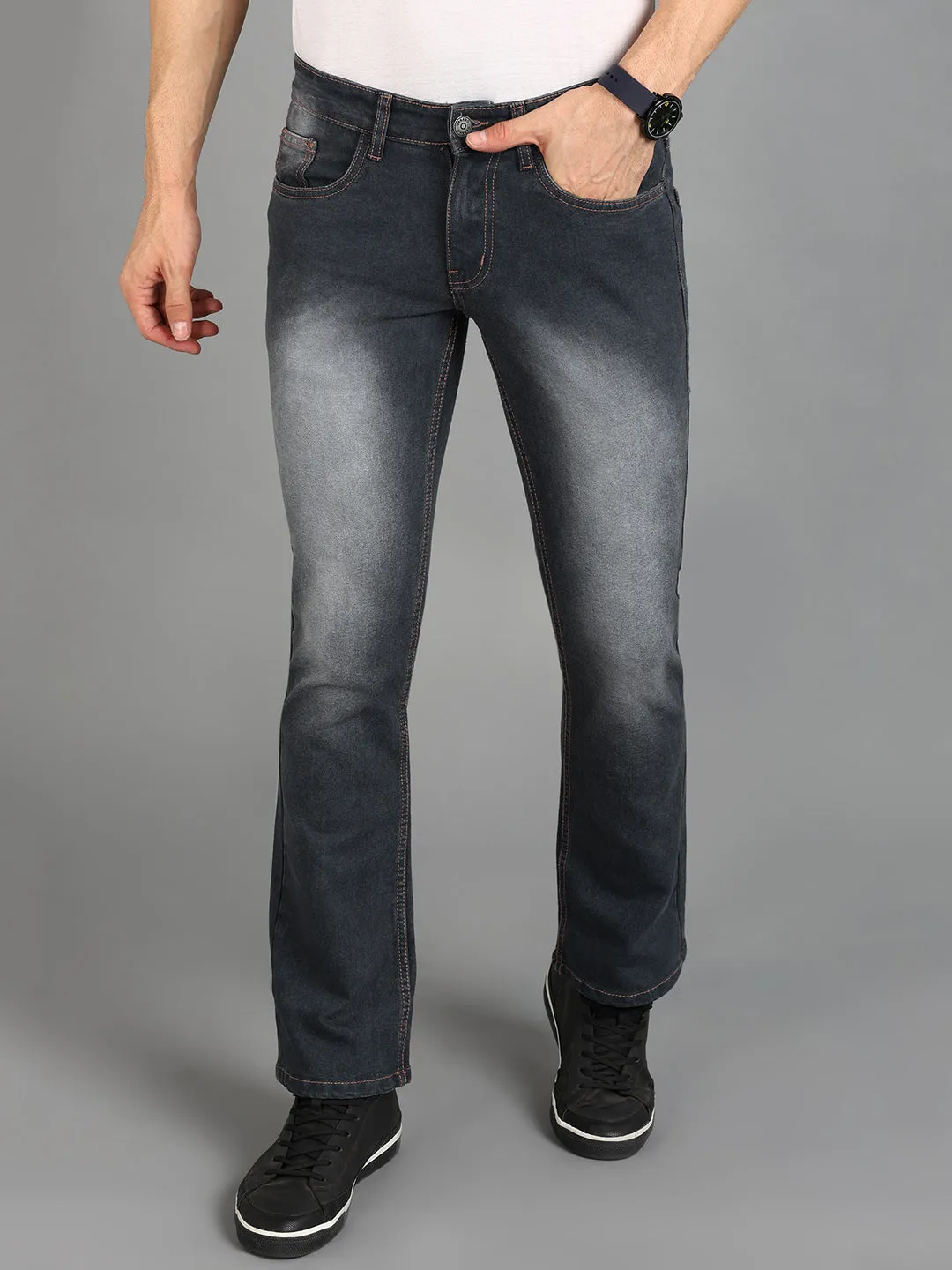 Men's Dark Grey Washed Bootcut Jeans Stretchable