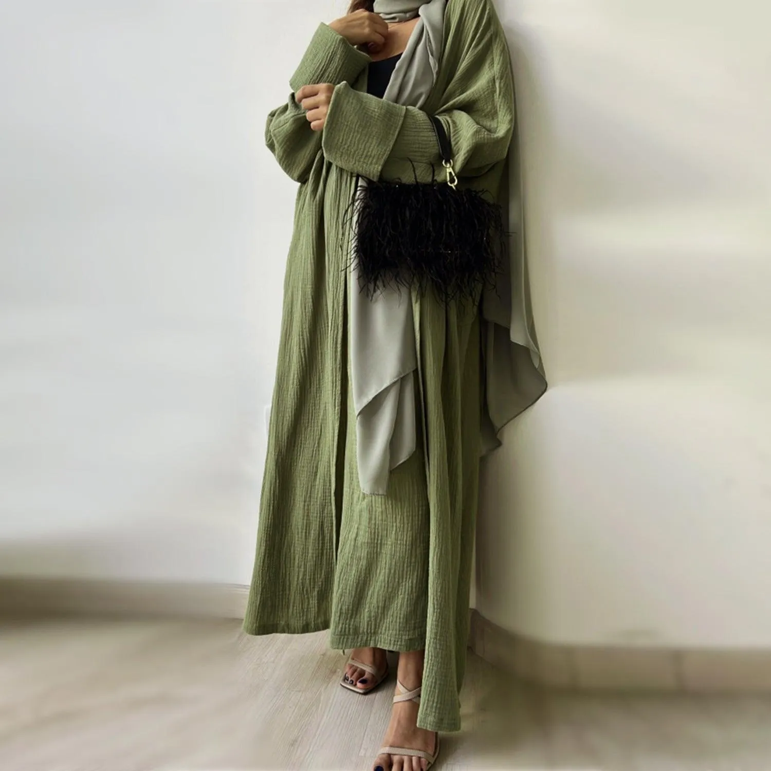 MOA064 Casual Open Abaya With Loose Pants 2-Piece Set