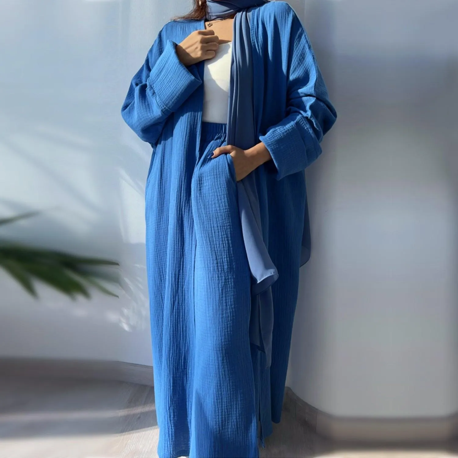 MOA064 Casual Open Abaya With Loose Pants 2-Piece Set