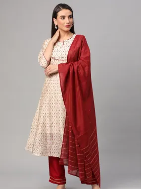 Off White Ornamental Printed Kurta Trouser Dupatta