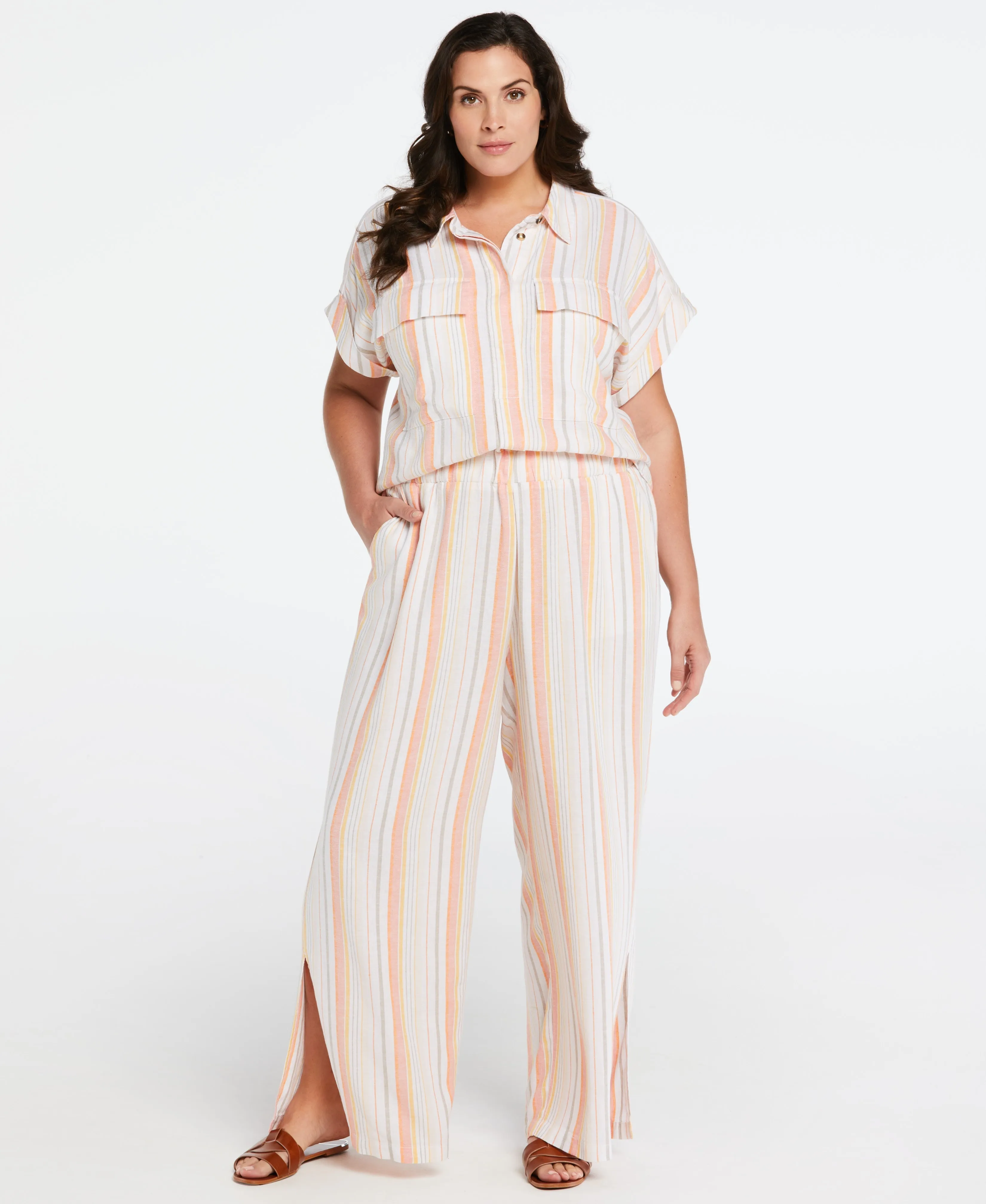 Plus Size Linen Blend Pull On Wide Leg Pant with Side Slit