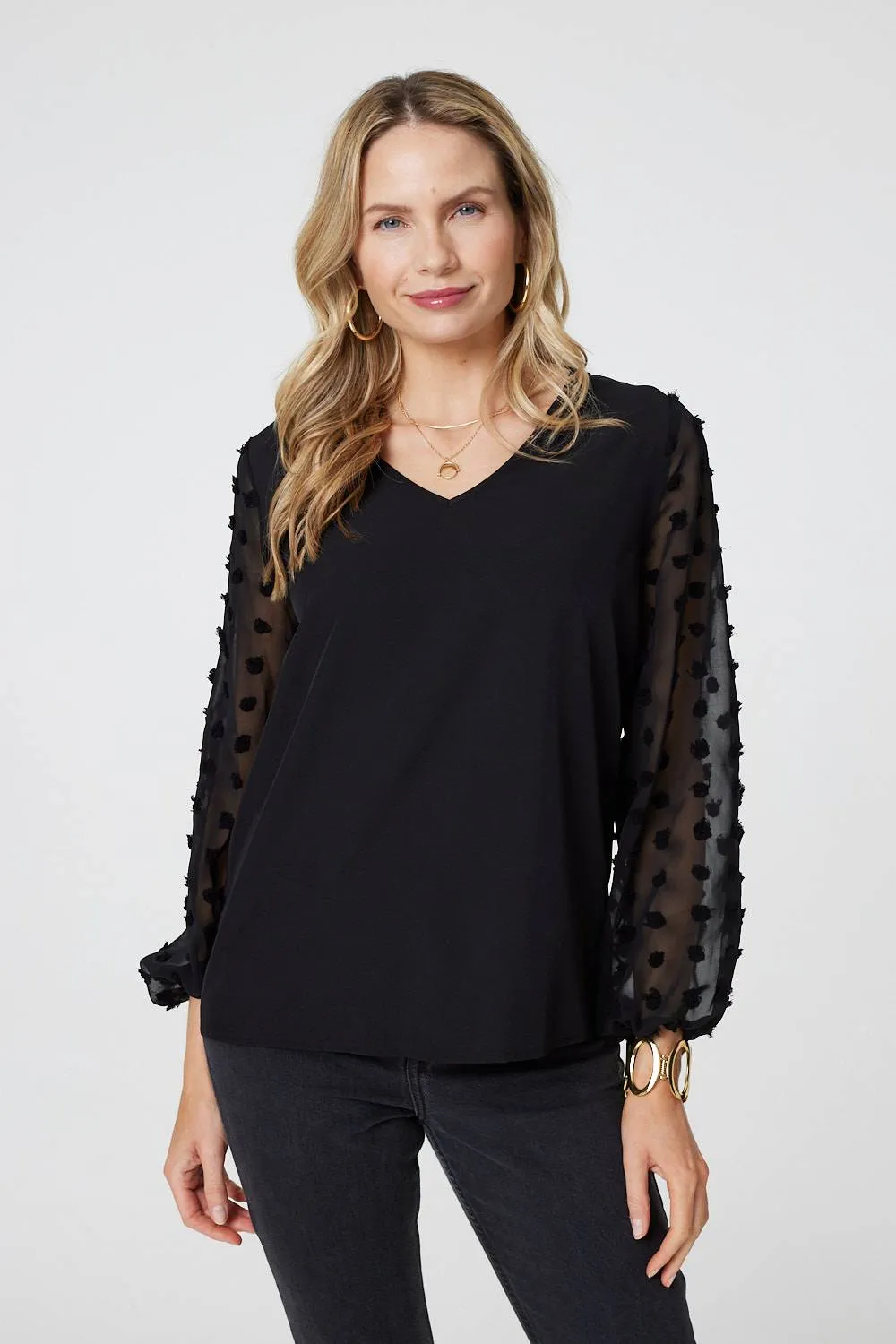 Polka Dot Semi Sheer V-Neck Blouse