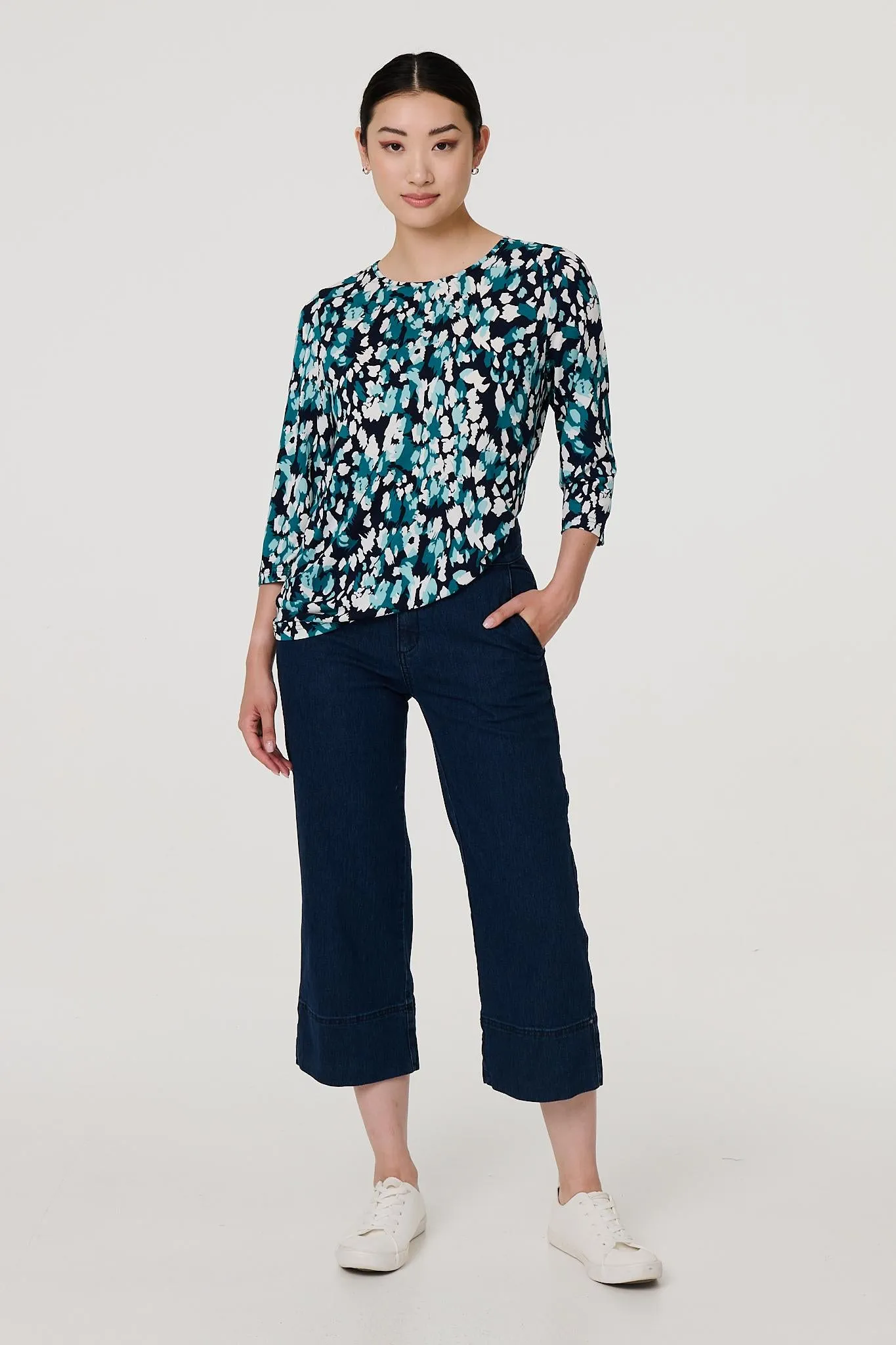 Printed 3/4 Sleeve Boat Neck Top