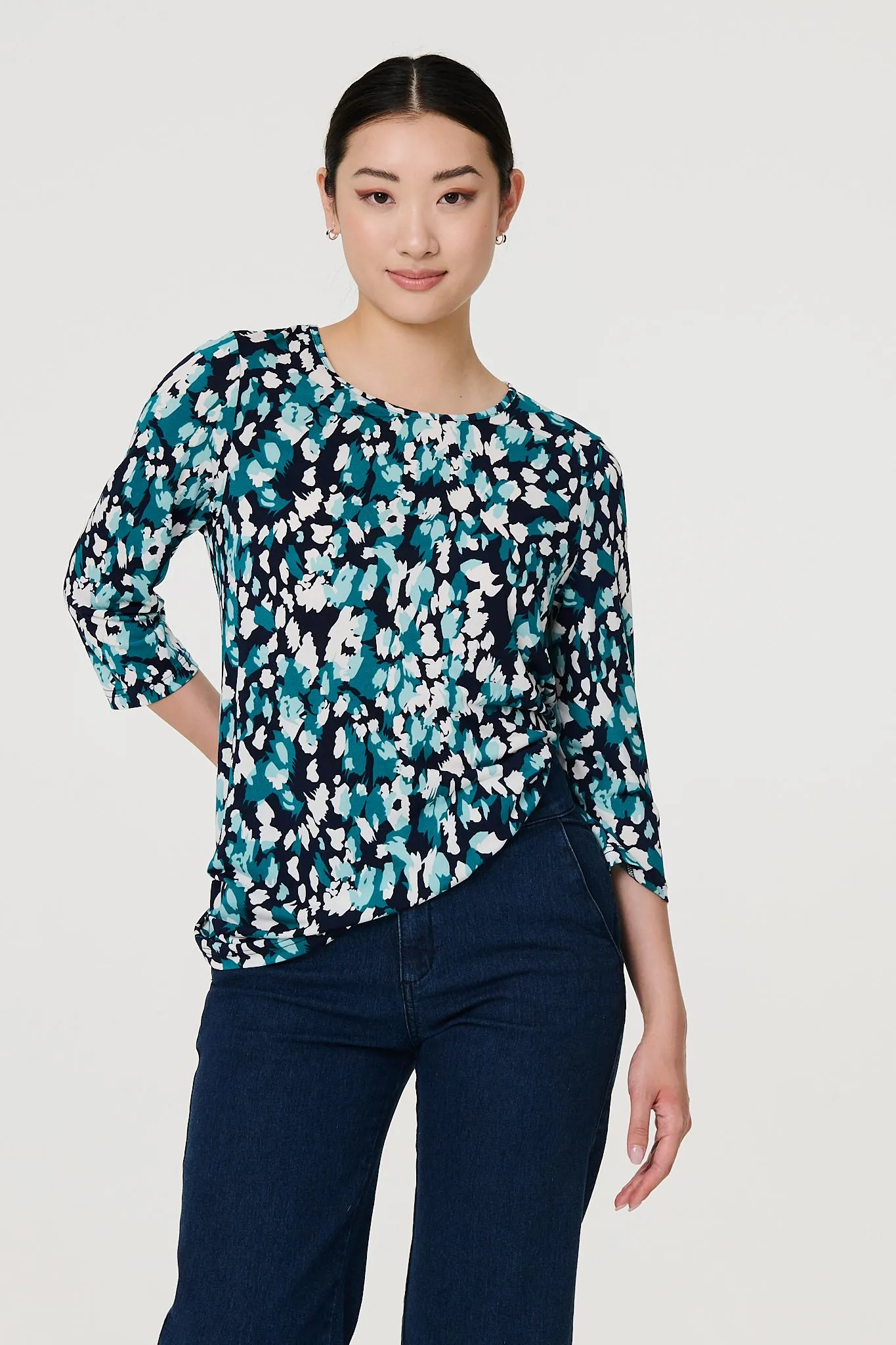 Printed 3/4 Sleeve Boat Neck Top