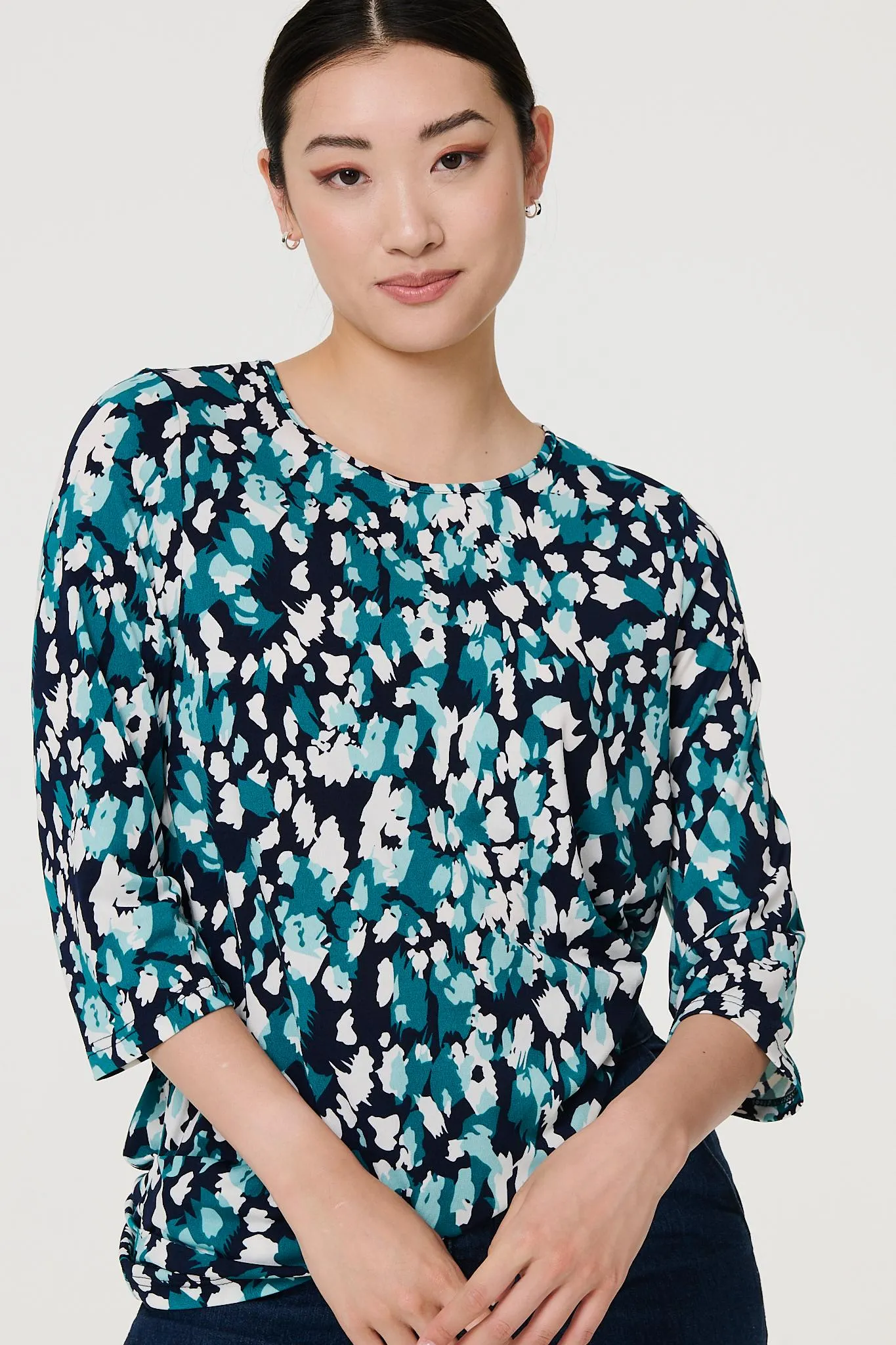 Printed 3/4 Sleeve Boat Neck Top