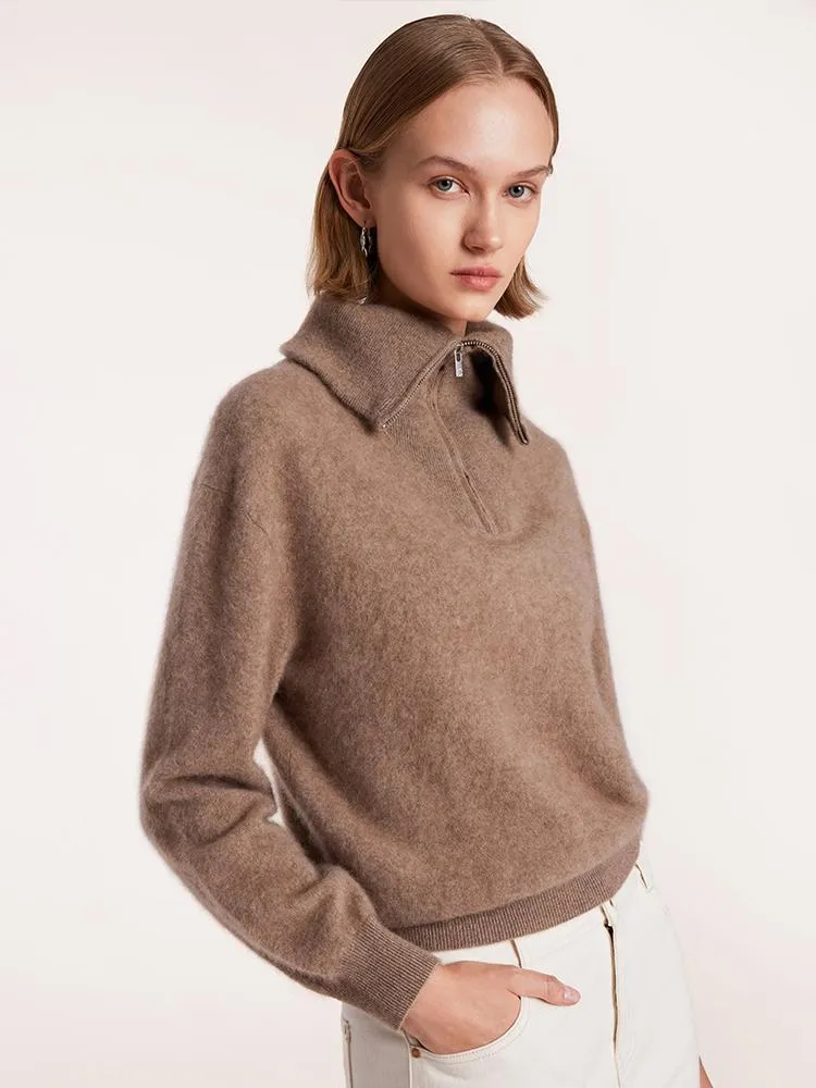 Pure Cashmere Zippered Lapel Women Sweater