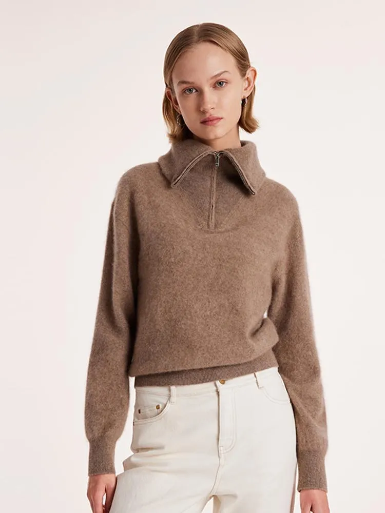 Pure Cashmere Zippered Lapel Women Sweater