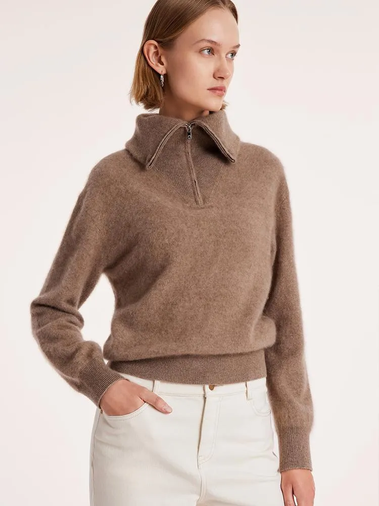 Pure Cashmere Zippered Lapel Women Sweater