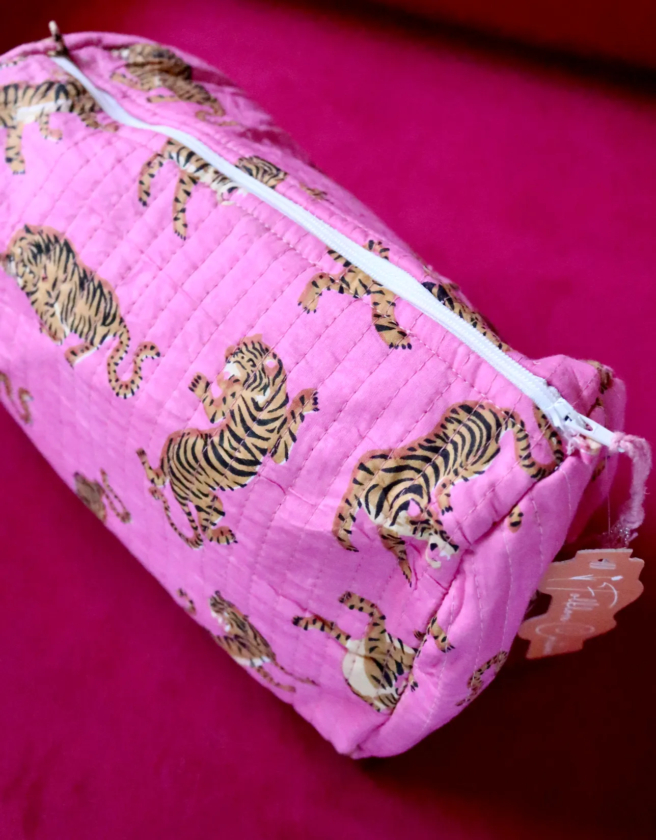 Quilted Cosmetic Bag | Bright Pink Tigers