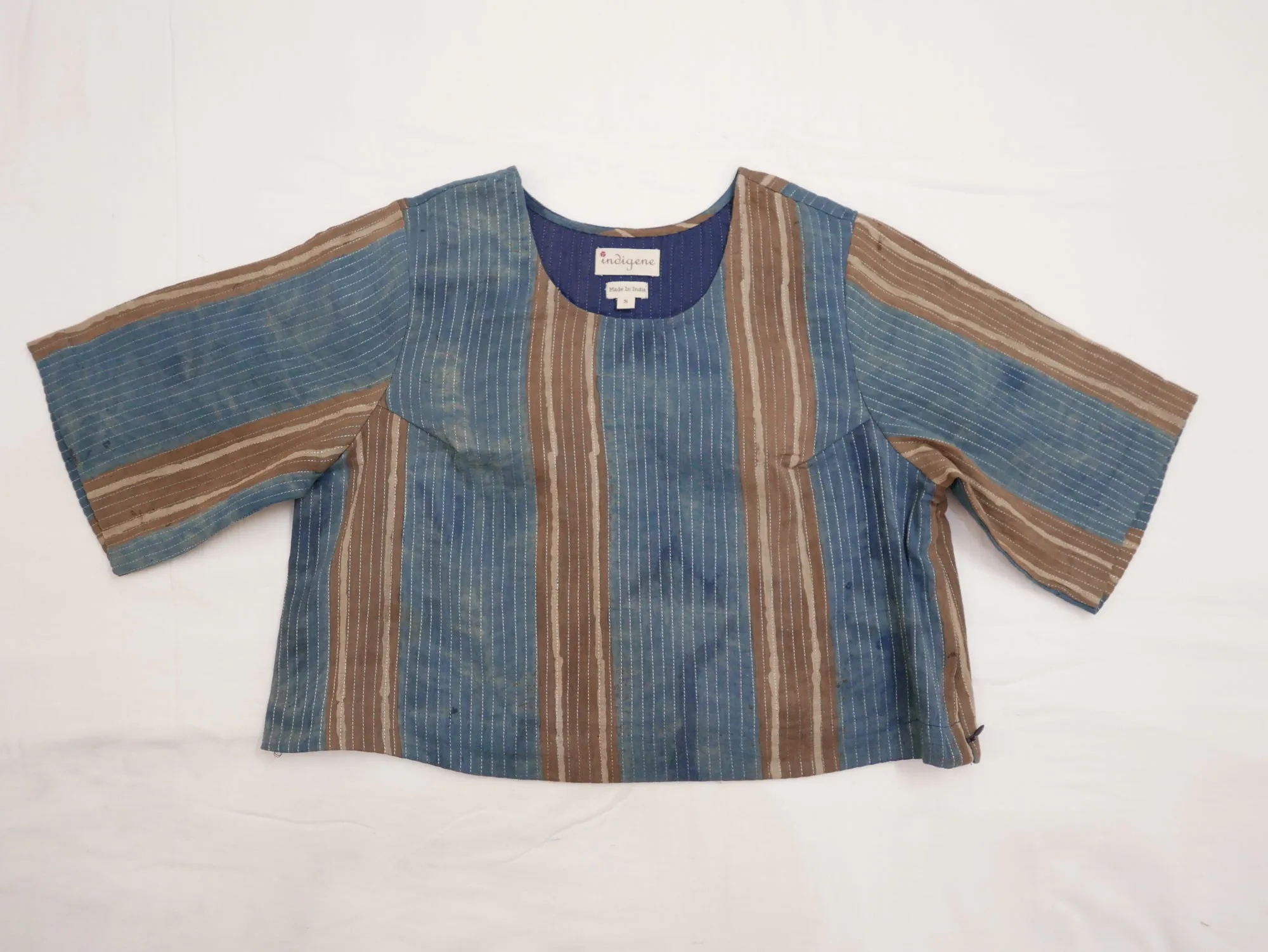 Round Neck Zari Quilted Blouse (Indigo Stripes)