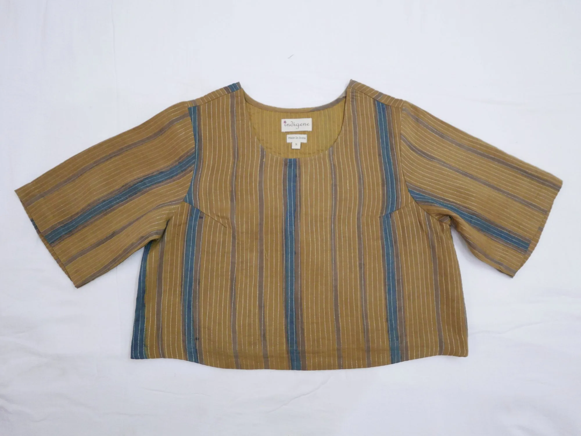 Round Neck Zari Quilted Blouse (Ochre Stripes)