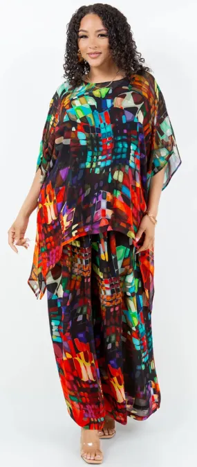 SunHeart Stained Glass Top & Palazzo Pants Set Boho Hippie Chic Resort Wear Sml-2X 